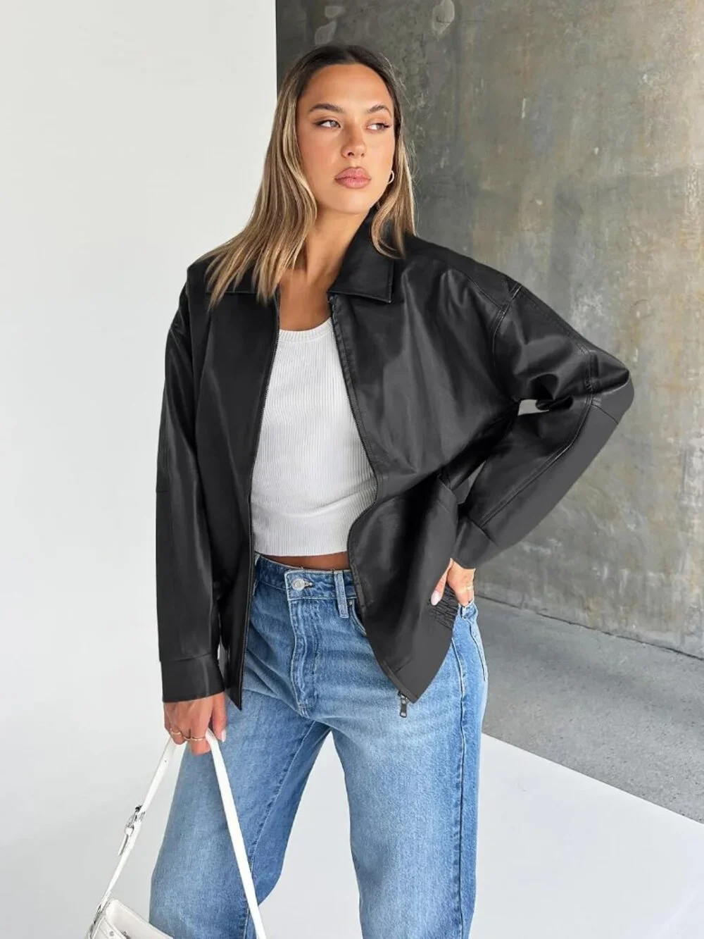 Women's Black Oversized Faux Leather Moto Fall Winter Coat Bomber Jacket